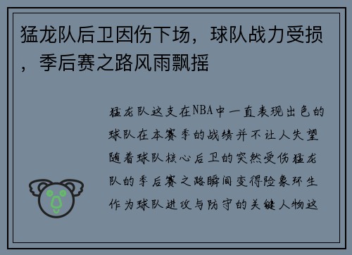 猛龙队后卫因伤下场，球队战力受损，季后赛之路风雨飘摇