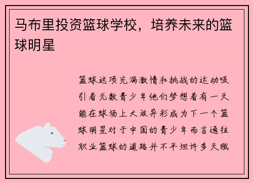 马布里投资篮球学校，培养未来的篮球明星
