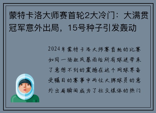 蒙特卡洛大师赛首轮2大冷门：大满贯冠军意外出局，15号种子引发轰动
