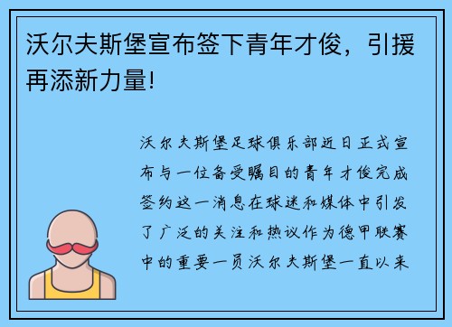 沃尔夫斯堡宣布签下青年才俊，引援再添新力量!