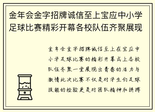 金年会金字招牌诚信至上宝应中小学足球比赛精彩开幕各校队伍齐聚展现青春风采